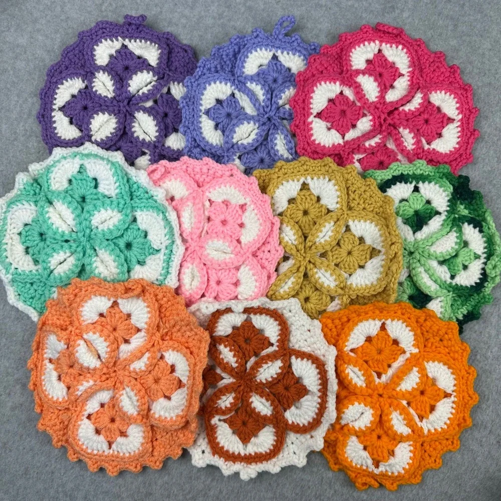 Vtg 1970 Handmade Crochet Hot Pads Potholders Set of 10 Multi Color Floral Petal